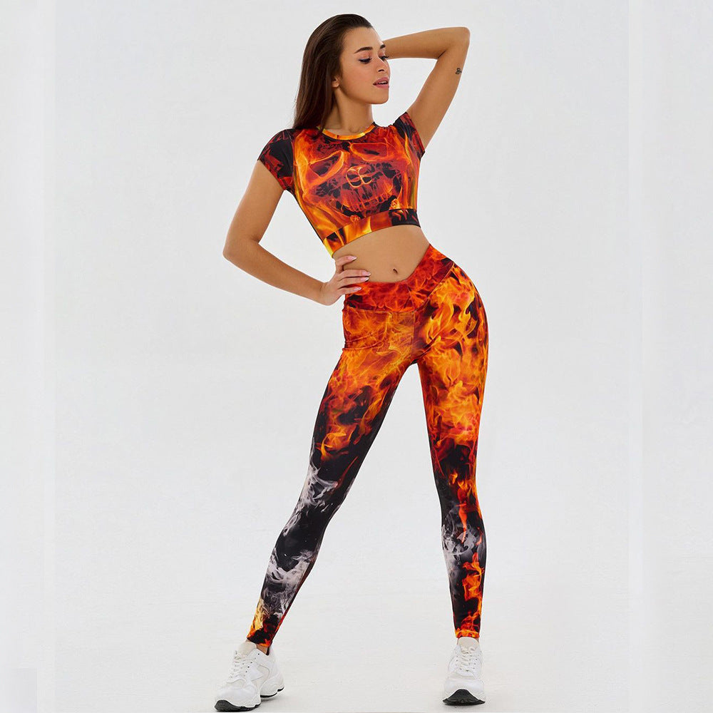 Colorful Skull Print Abdominal Hip Lift Sports Fitness Suit